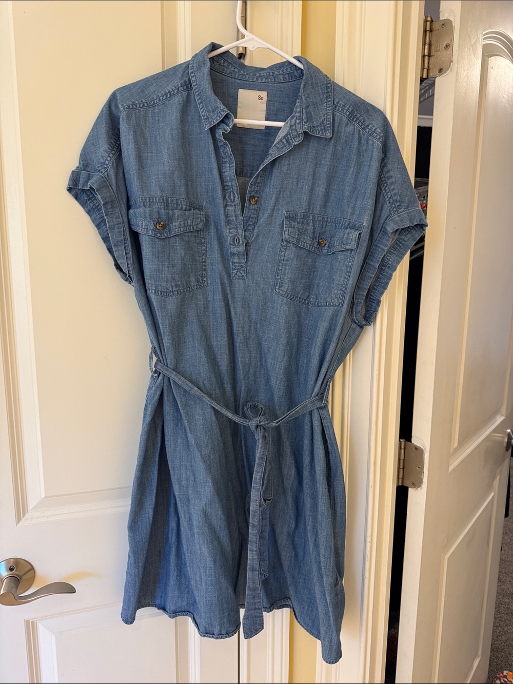 SO Light Blue Denim Shirt Mini Dress with Tie Waist